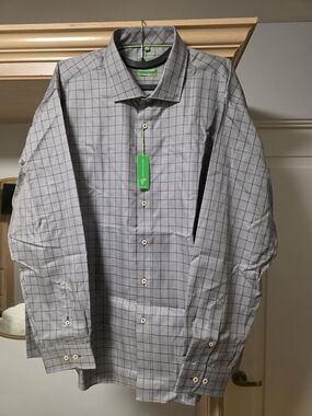 Men's Gray Dress Shirt with Red Windowpane - Long Sleeve